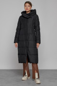 Оптом Пальто утепленное с капюшоном зимнее женское черного цвета 13363Ch