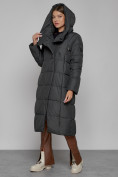 Оптом Пальто утепленное с капюшоном зимнее женское темно-серого цвета 13363TC, фото 10