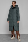 Оптом Пальто утепленное с капюшоном зимнее женское темно-зеленого цвета 13363TZ
