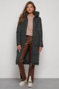 Оптом Пальто утепленное с капюшоном зимнее женское темно-серого цвета 13816TC, фото 10