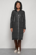 Оптом Пальто утепленное с капюшоном зимнее женское темно-серого цвета 13816TC, фото 5