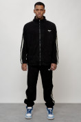 Оптом Спортивный костюм мужской модный из микровельвета черного цвета 15015Ch в Тюмени