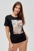 Оптом Женские футболки с принтом черного цвета 16027Ch в Екатеринбурге