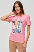Оптом Женские футболки с принтом розового цвета 1614R в Казани