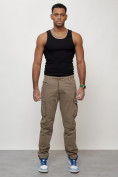 Оптом Джинсы карго мужские с накладными карманами бежевого цвета 2401B в Казани, фото 5