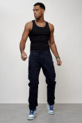 Оптом Джинсы карго мужские с накладными карманами темно-синего цвета 2401TS, фото 2