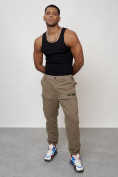 Оптом Джинсы карго мужские с накладными карманами бежевого цвета 2417B в Перми, фото 12