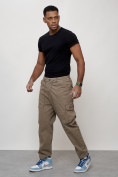 Оптом Джинсы карго мужские с накладными карманами бежевого цвета 2418B в Перми, фото 2