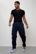 Оптом Джинсы карго мужские с накладными карманами темно-синего цвета 2418TS в Сочи