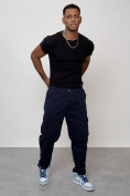 Оптом Джинсы карго мужские с накладными карманами темно-синего цвета 2418TS, фото 4