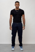 Оптом Джинсы карго мужские с накладными карманами темно-синего цвета 2418TS, фото 9