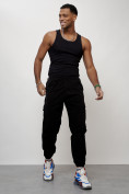 Оптом Джинсы карго мужские с накладными карманами черного цвета 2420Ch в Омске, фото 5