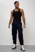 Оптом Джинсы карго мужские с накладными карманами темно-синего цвета 2420TS, фото 5