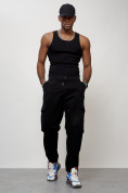 Оптом Джинсы карго мужские с накладными карманами черного цвета 2422Ch в Новосибирске, фото 9