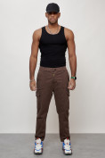 Оптом Джинсы карго мужские с накладными карманами коричневого цвета 2422K, фото 7