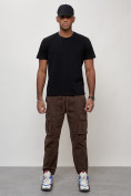 Оптом Джинсы карго мужские с накладными карманами коричневого цвета 2423K, фото 9