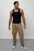 Оптом Джинсы карго мужские с накладными карманами бежевого цвета 2424B в Самаре, фото 11