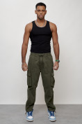 Оптом Джинсы карго мужские с накладными карманами цвета хаки 2424Kh