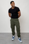 Оптом Джинсы карго мужские с накладными карманами цвета хаки 2425Kh в Перми, фото 7