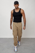 Оптом Джинсы карго мужские с накладными карманами бежевого цвета 2428B в Казани, фото 3