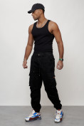 Оптом Джинсы карго мужские с накладными карманами черного цвета 2428Ch в Уфе, фото 2