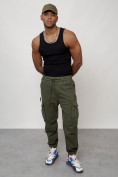 Оптом Джинсы карго мужские с накладными карманами цвета хаки 2428Kh в Перми, фото 11