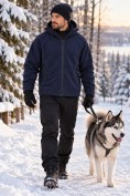 Оптом Толстовка мужская флисовая свободного кроя с капюшоном темно-синего цвета 2623TS