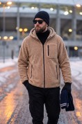 Оптом Толстовка мужская плюшевая с капюшоном на флисовой подкладке бежевого цвета 2627-1B, фото 11