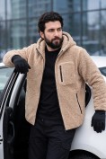 Оптом Толстовка мужская плюшевая с капюшоном на флисовой подкладке бежевого цвета 2627-1B, фото 14