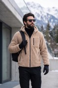 Оптом Толстовка мужская плюшевая с капюшоном на флисовой подкладке бежевого цвета 2627-1B, фото 9