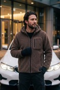 Оптом Толстовка мужская плюшевая с капюшоном на флисовой подкладке коричневого цвета 2627-1K, фото 4