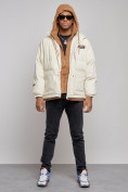 Оптом Плюшевая куртка мужская с капюшоном молодежная бежевого цвета 28117B, фото 5