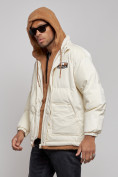 Оптом Плюшевая куртка мужская с капюшоном молодежная бежевого цвета 28117B, фото 6
