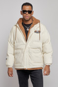 Оптом Плюшевая куртка мужская с капюшоном молодежная бежевого цвета 28117B, фото 7
