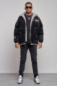 Оптом Плюшевая куртка мужская с капюшоном молодежная черного цвета 28117Ch в Уфе