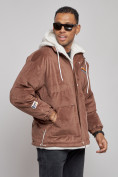 Оптом Плюшевая куртка мужская с капюшоном молодежная коричневого цвета 28117K, фото 10