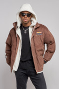 Оптом Плюшевая куртка мужская с капюшоном молодежная коричневого цвета 28117K, фото 6
