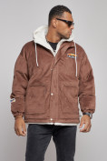 Оптом Плюшевая куртка мужская с капюшоном молодежная коричневого цвета 28117K, фото 9