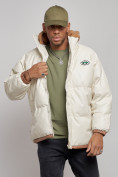 Оптом Куртка из экокожи мужская с плюшевым капюшон бежевого цвета 28132B, фото 8