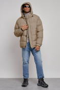 Оптом Куртка спортивная болоньевая мужская зимняя с капюшоном бежевого цвета 3111B в Перми, фото 5