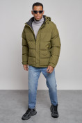 Оптом Куртка спортивная болоньевая мужская зимняя с капюшоном цвета хаки 3111Kh в Перми, фото 11