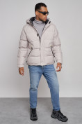 Оптом Куртка спортивная болоньевая мужская зимняя с капюшоном светло-бежевого цвета 3111SB, фото 12