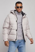 Оптом Куртка спортивная болоньевая мужская зимняя с капюшоном светло-бежевого цвета 3111SB, фото 7