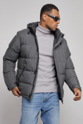 Оптом Куртка спортивная болоньевая мужская зимняя с капюшоном серого цвета 3111Sr в Сочи, фото 7