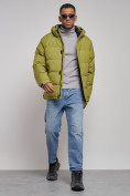 Оптом Куртка спортивная болоньевая мужская зимняя с капюшоном зеленого цвета 3111Z в Перми, фото 15