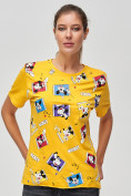 Оптом Женские футболки с принтом желтого цвета 34004J в Казани, фото 4