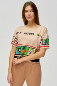 Оптом Топ футболка женская бежевого цвета 3951B в Казани, фото 4