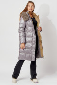 Оптом Пальто утепленное с капюшоном зимнее женское  серого цвета 442181Sr в Казани, фото 3