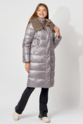 Оптом Пальто утепленное с капюшоном зимнее женское  серого цвета 442181Sr, фото 7
