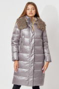 Оптом Пальто утепленное с капюшоном зимнее женское  серого цвета 442181Sr в Екатеринбурге, фото 8
